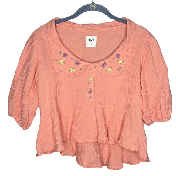 Tach Larina top coral embroidered crop peplum size small gauze puff sleeve - Picture 2 of 6